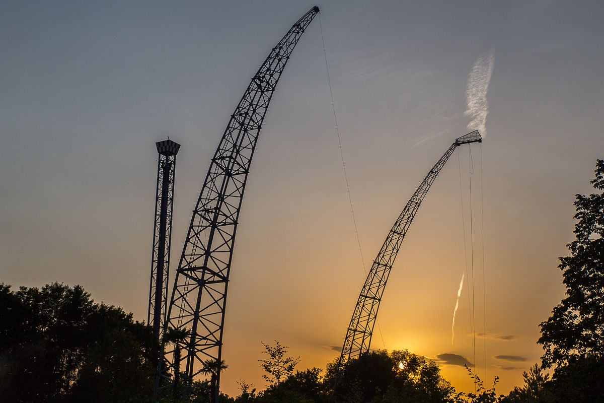 Skydiver in Walibi Holland at sunset.