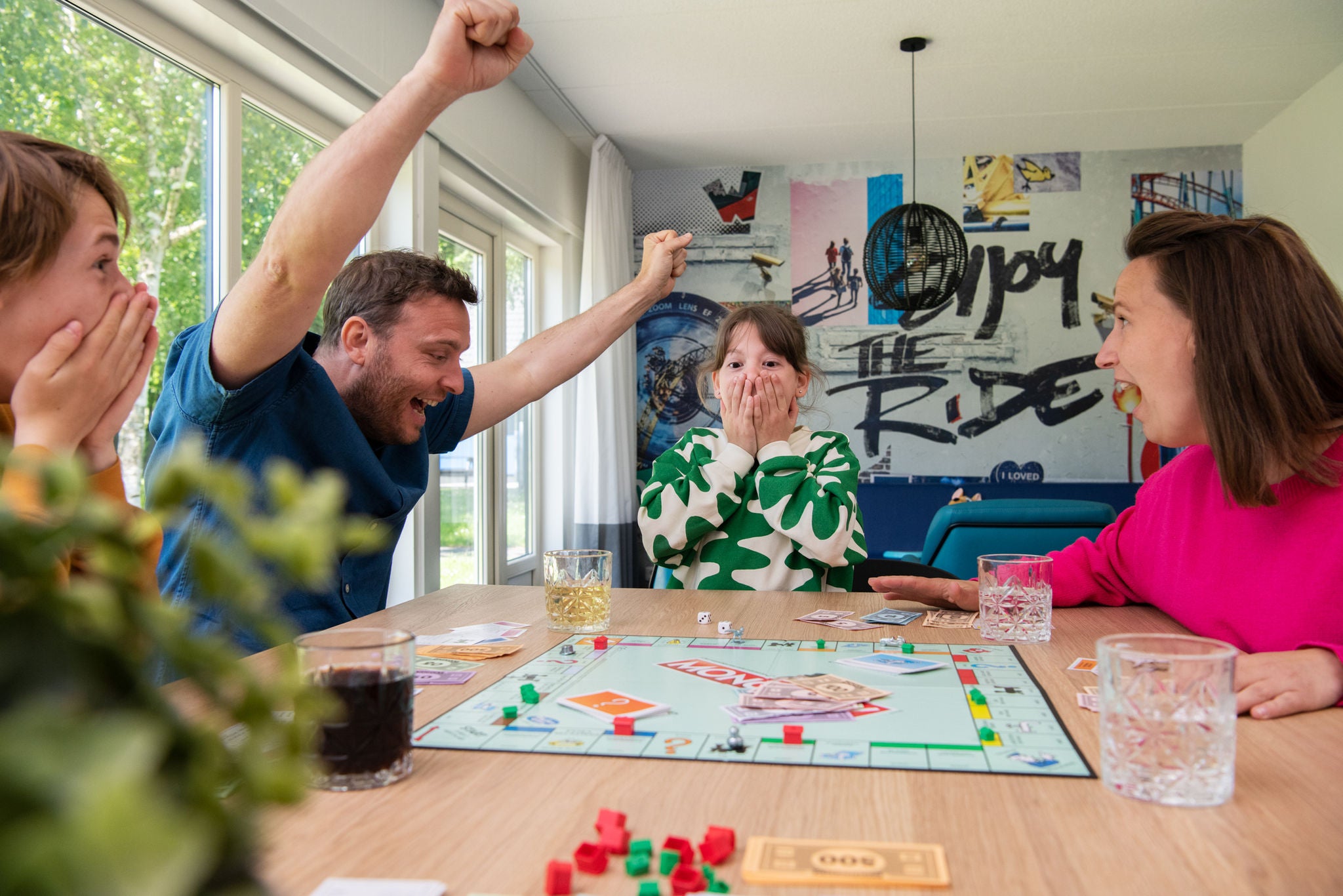 Playing a game together in one of the bungalows.